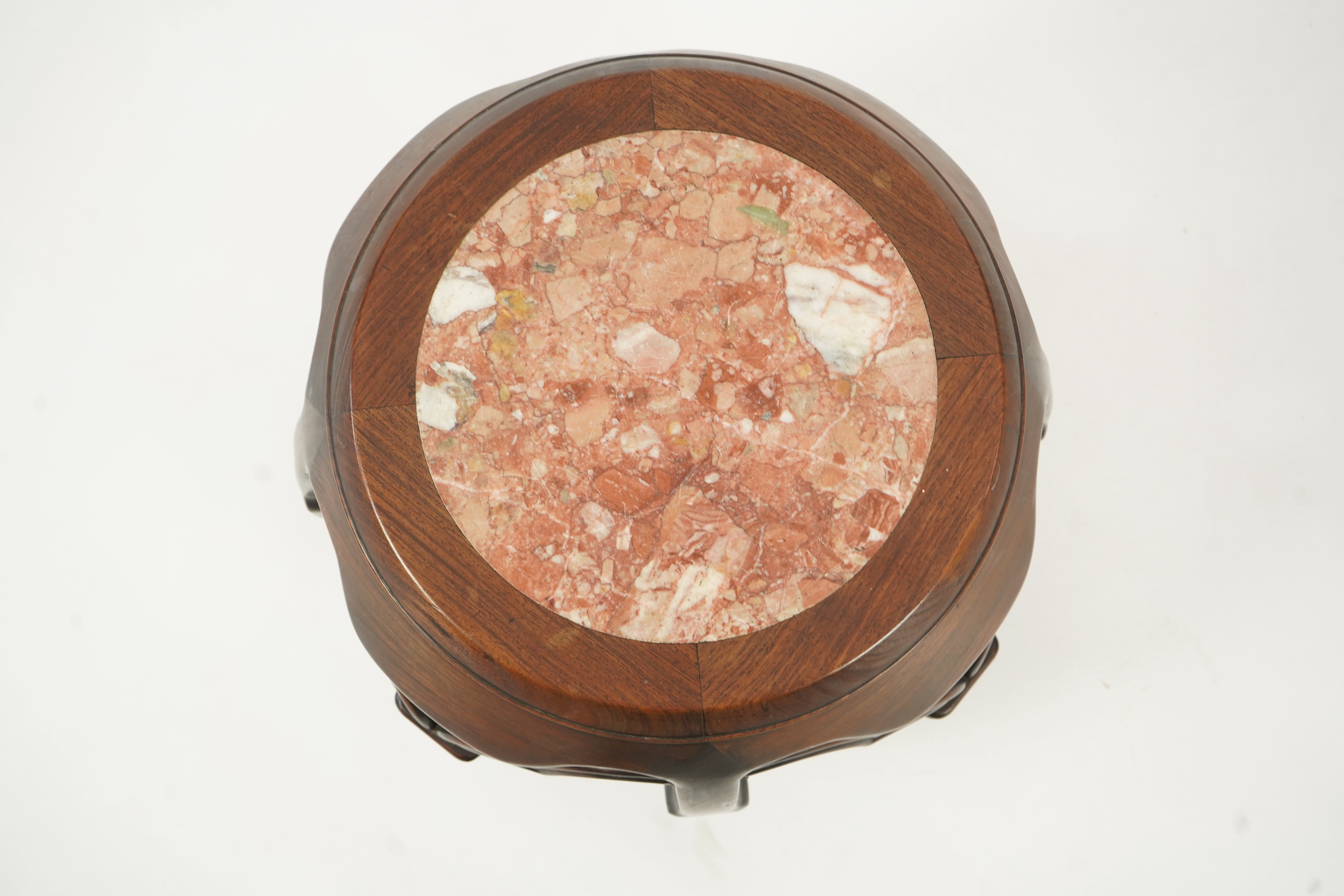 A Chinese hongmu and marble inset stool, 19th century